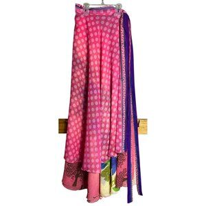 Wrap Sari Skirt Maxi Pink Reversible Chiffon Silk Blend Boho Gypsy Women 1 Sz